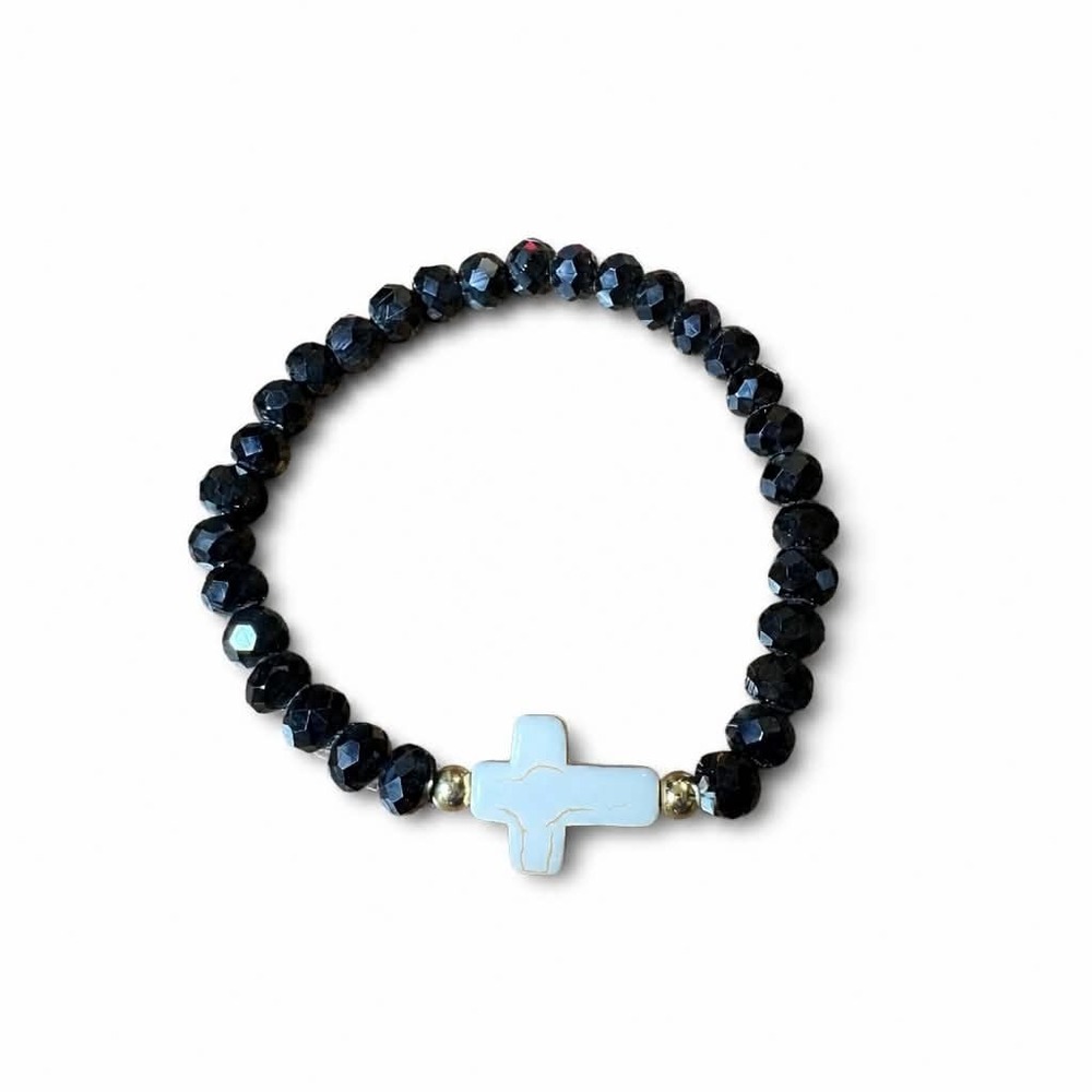 Faceted Black Bead Cross Stretch Bracelet Faith Jewelry Gift Pouch NEW Elegant